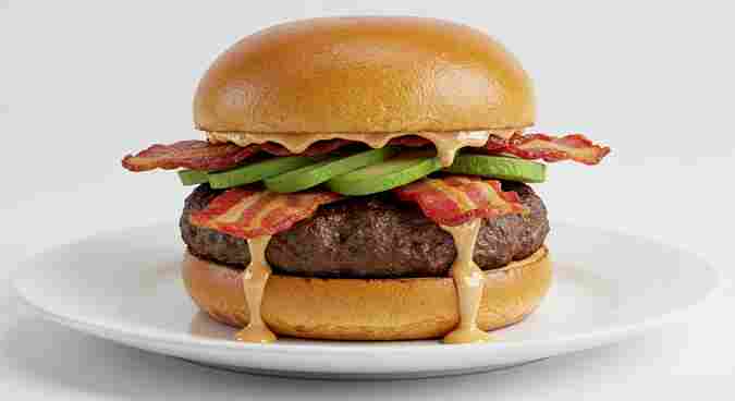 Delicious Single Avocado Bacon Burger with fresh avocado and crispy bacon.